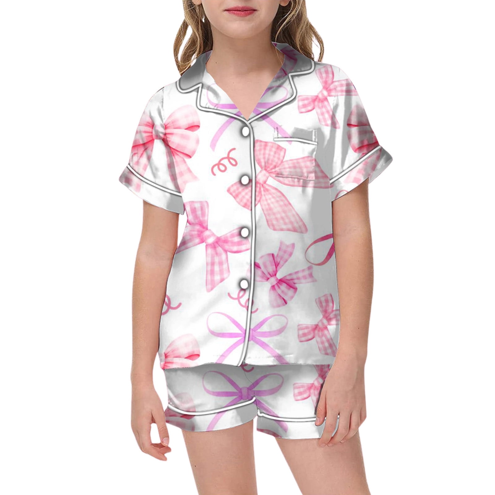 Kids Clothing Cute Pyjamas For Kids Toddler Girls' Outfit Sets Bow Tie Printed Lapel Short Sleeve Top Shorts Pajamas  Cute Buttons Designed Breathable Home Wear Kids Clothing Vêtements Pour  Filles Size 4-5T