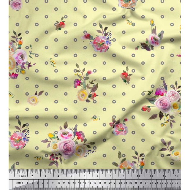 Soimoi Feuilles de Satin Modal Jaune Petit Cercle et Tissu Imprimé Floral par la Cour 42 Pouces de Large