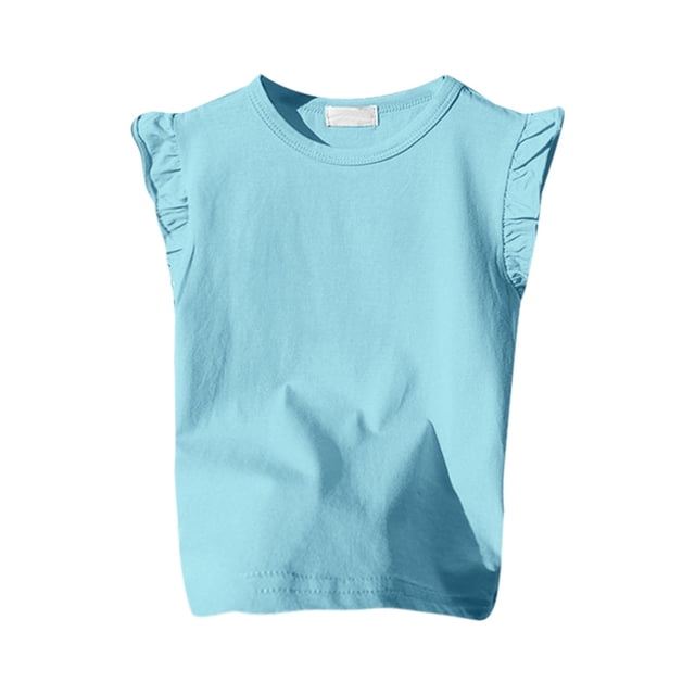 LUOGENLI T Shirt for Girls Girls Ruffle Sleeve T Shirt Solid Color Vest Girls Basic Short Sleeve Shirts for Girls Trendy Summer Mini Light Blue 2-3Years