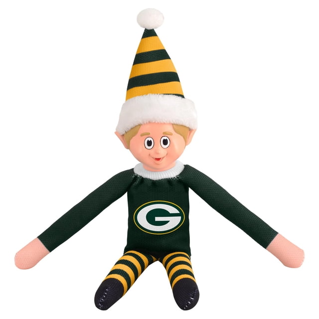 Green Bay Packers Team Elf par Forever Collectibles, une Peluche de 12 Pouces avec une Tête en PVC et un Corps en polyester. l'Elf Porte un Chandail Vert Présentant le logo Green Bay Packers, des leggings Rayés Jaunes et Verts, et un Chapeau Assorti avec une Garniture en Fausse Fourrure Blanche et un Pompon. Emballé dans une Boîte-Cadeau, Cet accent Décoratif Est Idéal pour Montrer l'Esprit d'Équipe pendant les Fêtes.