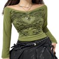 thumbnail image 2 of Women Close-fitting Pullover T-shirts Autumn Spring White Printed Pattern Long Sleeve V-neck Tops Green M, 2 of 8