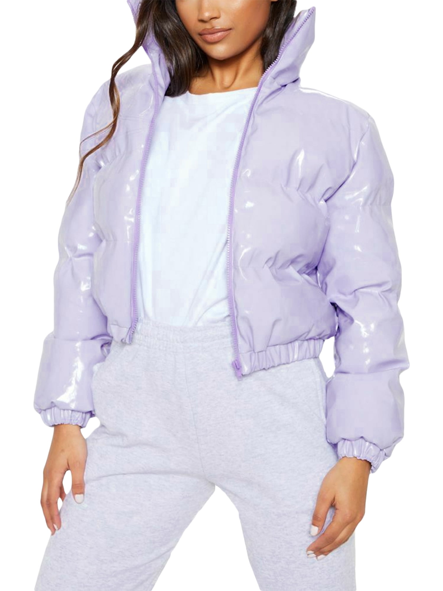 Gupgi Women Long Sleeve Stand Collar Metallic Quilted Puffer Jackets