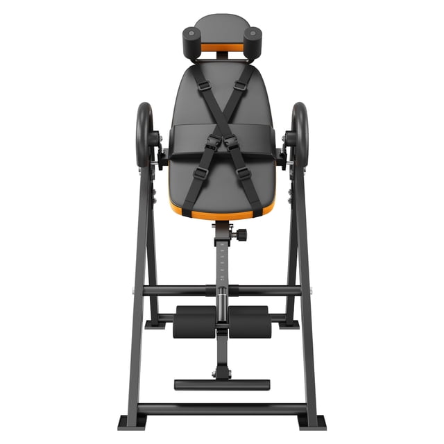 KFFKFF Inversion Table in orange and black, featuring a durable steel frame, padded backrest, adjustable safety belt, ergonomic ankle locks, and removable shoulder rollers. Designed to support up to 300 lbs, with height adjustability for users between 4.9 to 6.2 ft. Ideal for fitness recovery and back stretching, with a foldable design for space-saving storage.