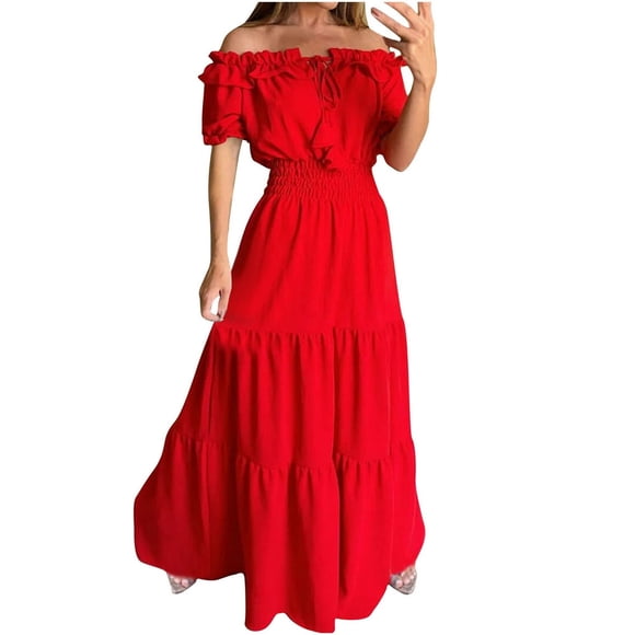 JUNWELL Deals Womens Tent Summer Fall Fashion Short Sleeve Wedding Guest Solid Prom Party Dress Off Shoulder Neck Boho Dresses Slim Fit Large Swing Holiday Vacation Beach Green 4