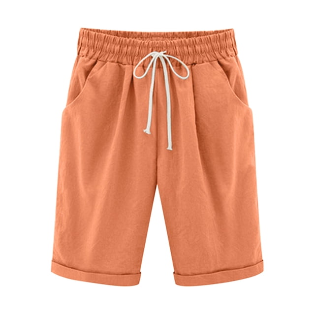 Timegard Summer Shorts for Women Casual Elastic Waist Ruched Solid Color Knee Length Pants with Pockets
