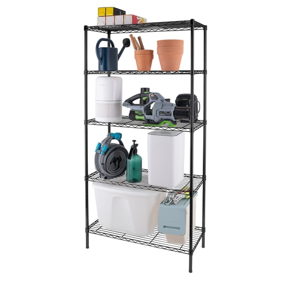 Hyper Tough 5 Tier Metal Storage Rack, Black Color, 350lbs Loading Capacity for Each Shelf, 5 Tier Shelving, Heavy Duty Metal Shelf