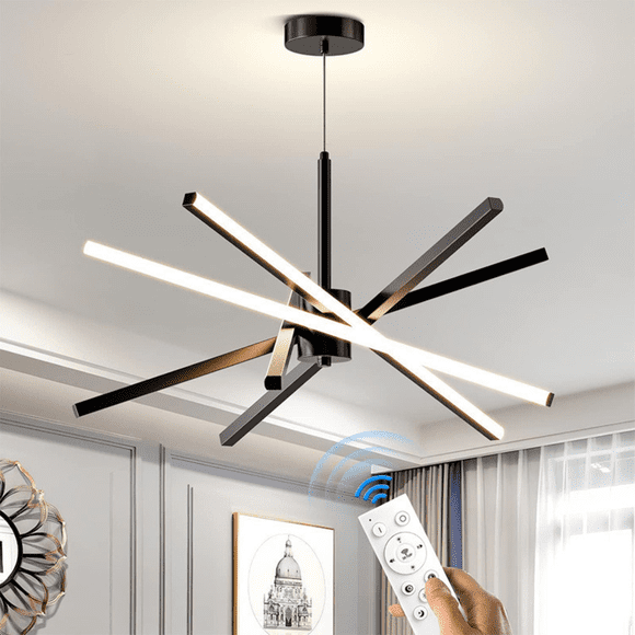 Lustre Sputnik Linéaire, Suspension DEL Noire de 24 Pouces avec Tiges Ajustables pour Îlot de Cuisine, Salle à Manger