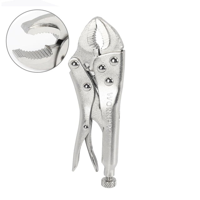 WorkPro 5" Curved Jaw Locking Pliers with drop-forged, heat-treated steel body and ergonomic handles, featuring an adjustable screw for clamping pressure and curved jaws with strengthened teeth for gripping round objects, ideal for welding and clamping tasks.