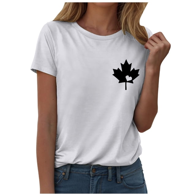 WEIYLL Ladies T Shirts Canada Maple Leaf Print Proud Statement White Tees Sizes S