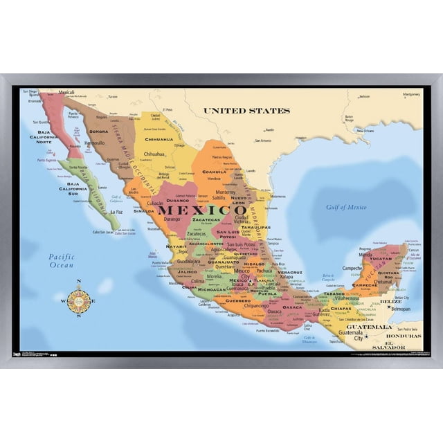 Map - Mexico Wall Poster, 22.375" x 34" Framed showing a detailed political map of Mexico with state boundaries and major cities labeled, bordered by the United States to the north, the Pacific Ocean to the west, and the Gulf of Mexico to the east, in a black frame with a satin finish. Suitable wall art for home décor, office, dorm rooms, or as a gift.