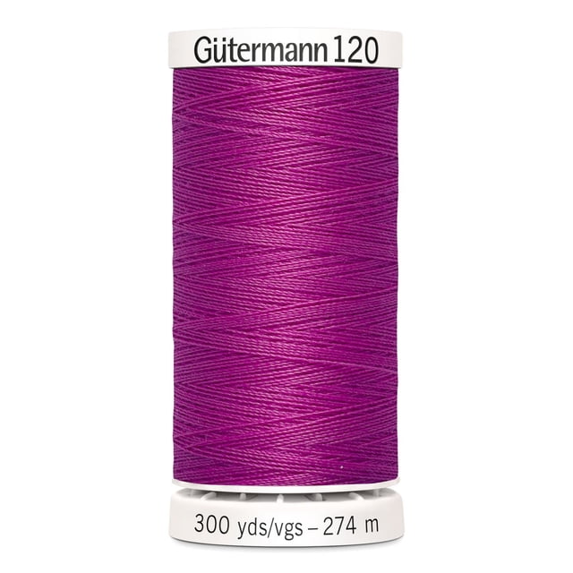 Gutermann 120 Bobine de Fil Tout Usage 100 % polyester en Violet sur Noyau en Plastique Blanc Étiquetée avec 300 yards (274 Mètres), Convient à la Couture à la machine et à la Main de Divers Tissus, Y Compris le Coton, les Synthétiques et les Fibres Naturelles, Également Idéale pour les Projets d'Artisanat et de Raccommodage.