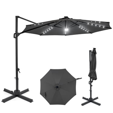 Costway Parasol Déporté de Patio 10 Pi avec Lumières DEL Solaires, Rotation à 360°, Inclinaison Facile Gris