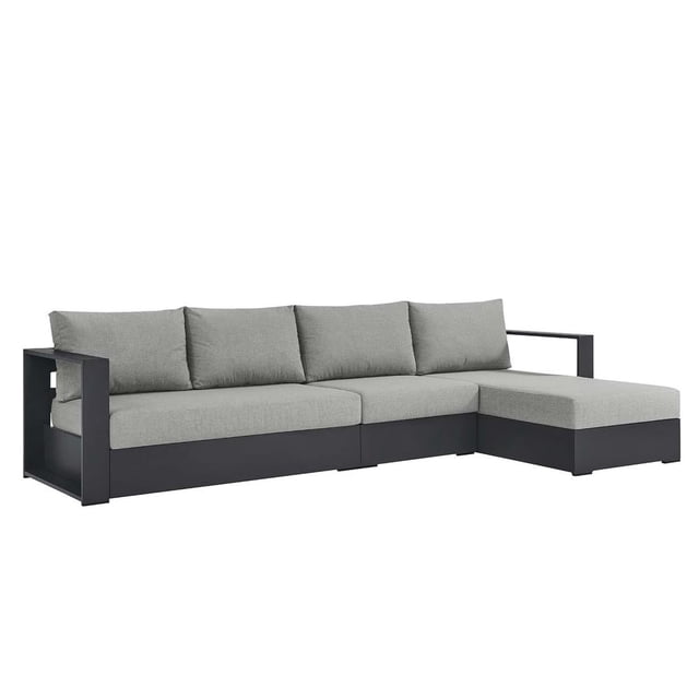 Modway Tahoe 3-Piece Outdoor Patio Furniture Sectional, Gray with a modular design, powder-coated aluminum frame, and grey UV-resistant, weather-resistant cushions. Features include dense foam padding, removable washable covers, and non-marking foot glides, suitable for outdoor lounging or entertaining. Assembly required.