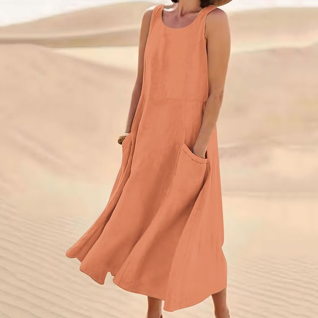 Jsaierl Robes d'Été pour Femmes 2024 Décontractées Boho Robe Soleil Col Rond Sans Manches Plage Vacances Robes Maxi avec Poches