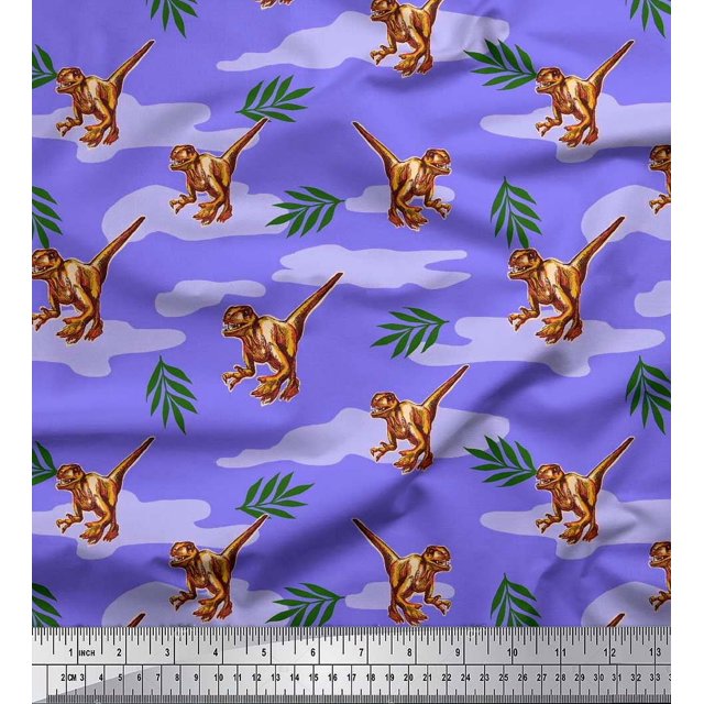 Soimoi Poly Georgette Fabric Leaves & Dinosaur Jungle Fabric Prints By Yard 52 Inch Wide