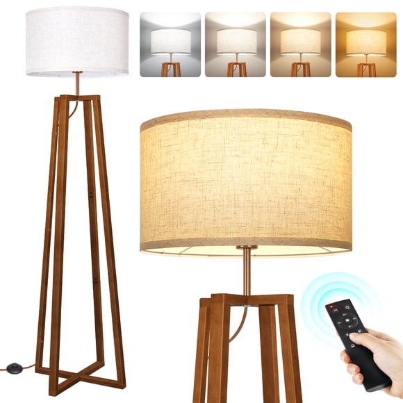 OUTON Lampe sur Pied Trépied en Bois avec Étagères, Lampes sur Pied à Intensité Réglable avec Télécommande, Lampe sur Pied Moderne avec Étagère pour Salon, Chambre, Bureau, Ampoules DEL Incluses