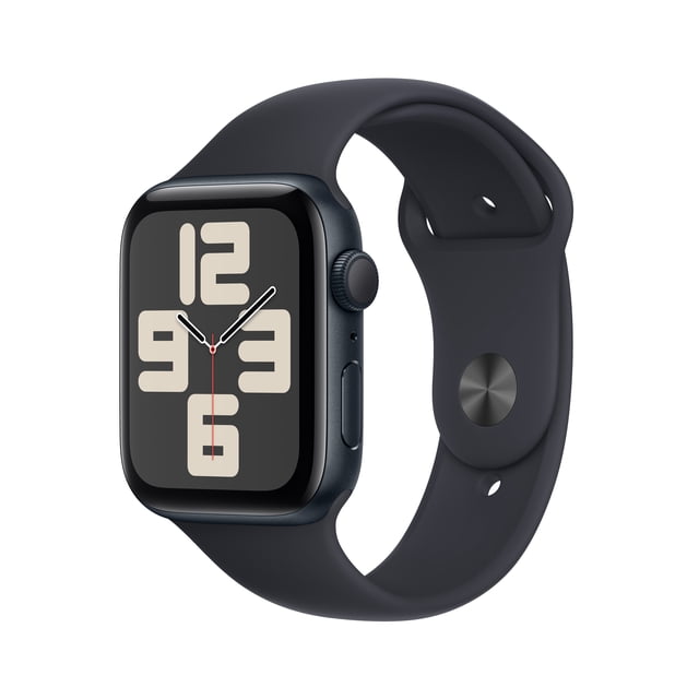 Apple Watch SE2 44 mm GPS Boîtier en Aluminium Noir Jais avec Bracelet Sport Noir Jais Affiché dans une Vue Profil 3/4, Doté d'Un Écran Rectangulaire Retina LTPO OLED avec Grands Chiffres Numériques Beiges et Aiguilles Analogiques, d'Un Boîtier en Aluminium Noir Jais Mat, et d'Un Bracelet Sport Noir Jais Fluide avec Fermeture à Épingle et Retroussable, Équipé de GPS, de Capteurs de Santé et d'Une Conception Antidérapante Adaptée à la Technologie Portable et au Suivi de la Condition Physique.