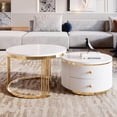 thumbnail image 1 of Table Basse Ronde Moderne de 27,6 Pouces, 2 Pcs, Gigogne, avec 2 Tiroirs, pour Salon, Petit Espace, Appartement, Or+blanc, 1 of 9