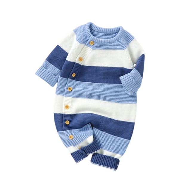 UAMVSH Newborn Girl Boy Striped Sweater Rompers Fall Winter Long Sleeve Button down Jumpsuits Warm Color Block Infant Outfits(1-3 Months,Light Blue)