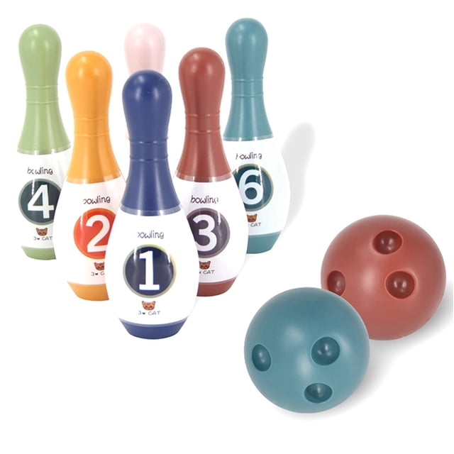 Kids Bowling Set Interactive Number Bowling Playset, a toy bowling set with six multicolor plastic pins numbered 1 to 6 and two lightweight balls in red and teal. Pins measure 5.5cm by 14.5cm, and balls have a 7.5cm diameter. Ideal for indoor and outdoor play.