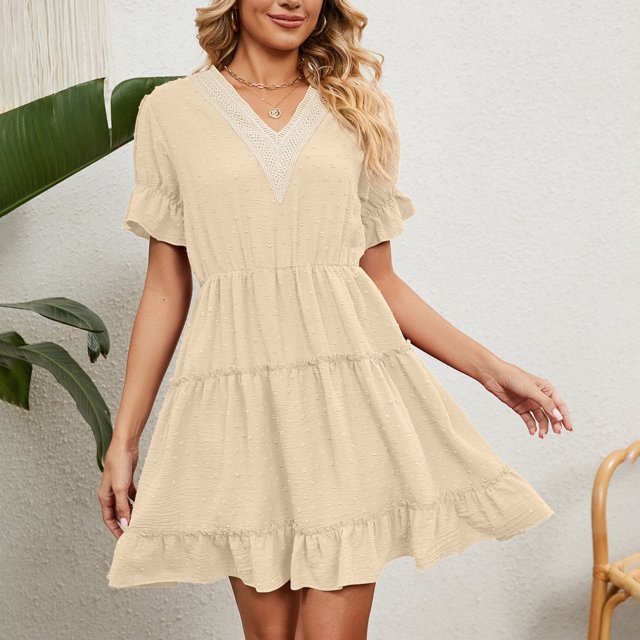 Pisexur Robe à Manches Courtes à Col en V Mode Femme Couleur Unie Confortable Ample Robe Décontractée à Manches Courtes avec Découpes en Dentelle Robe Femme