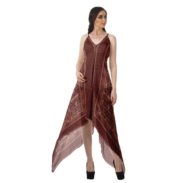Moomaya Robe à Ourlet en Foulard pour Femmes, Imprimée, Col en V, Ourlet Asymétrique