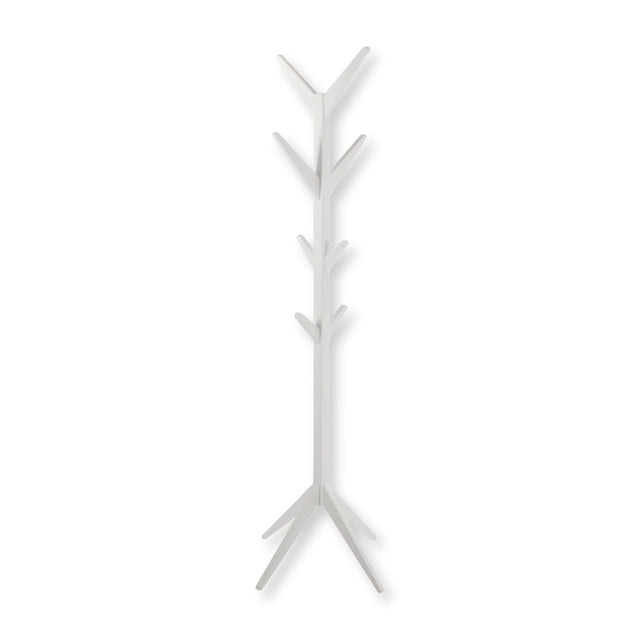 ITY International coat hook and coat rack made of MDF, standing 70 inches tall in a white finish. The rack features a modern, tree-like design with multiple branches for hanging coats, jackets, or accessories. Dimensions are 17.7 inches wide, 70 inches high, and 17.7 inches deep. Suitable for organizing hallways, living rooms, bedrooms, or offices. Easy to assemble with included hardware.