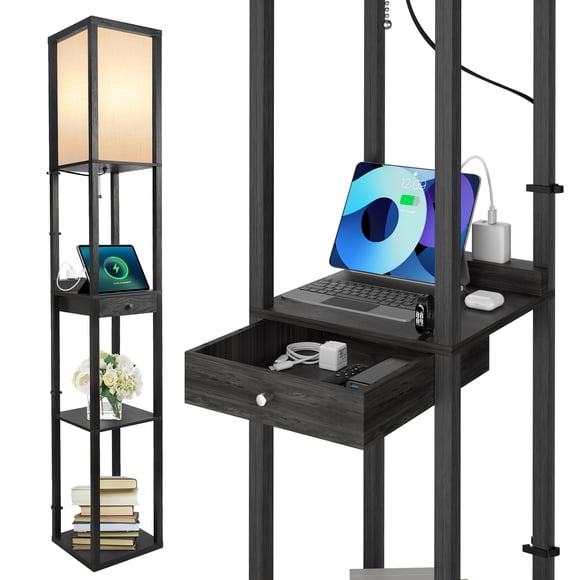 Outon Floor Lamp with Shelves, with USB Ports & Power Outlet Standing Lamp, Tall LED with Linen Shade Wood Shelf Floor Lamps for Living Room, Bedroom