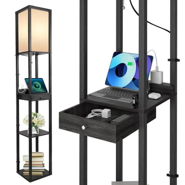 Outon Floor Lamp with Shelves, with USB Ports & Power Outlet Standing Lamp, Tall LED with Linen Shade Wood Shelf Floor Lamps for Living Room, Bedroom