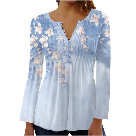 DPTALR Women Summer Sexy Fold Printed Regular Women Long Sleeves V Neck Button