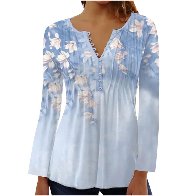 DPTALR Women Summer Sexy Fold Printed Regular Women Long Sleeves V Neck Button
