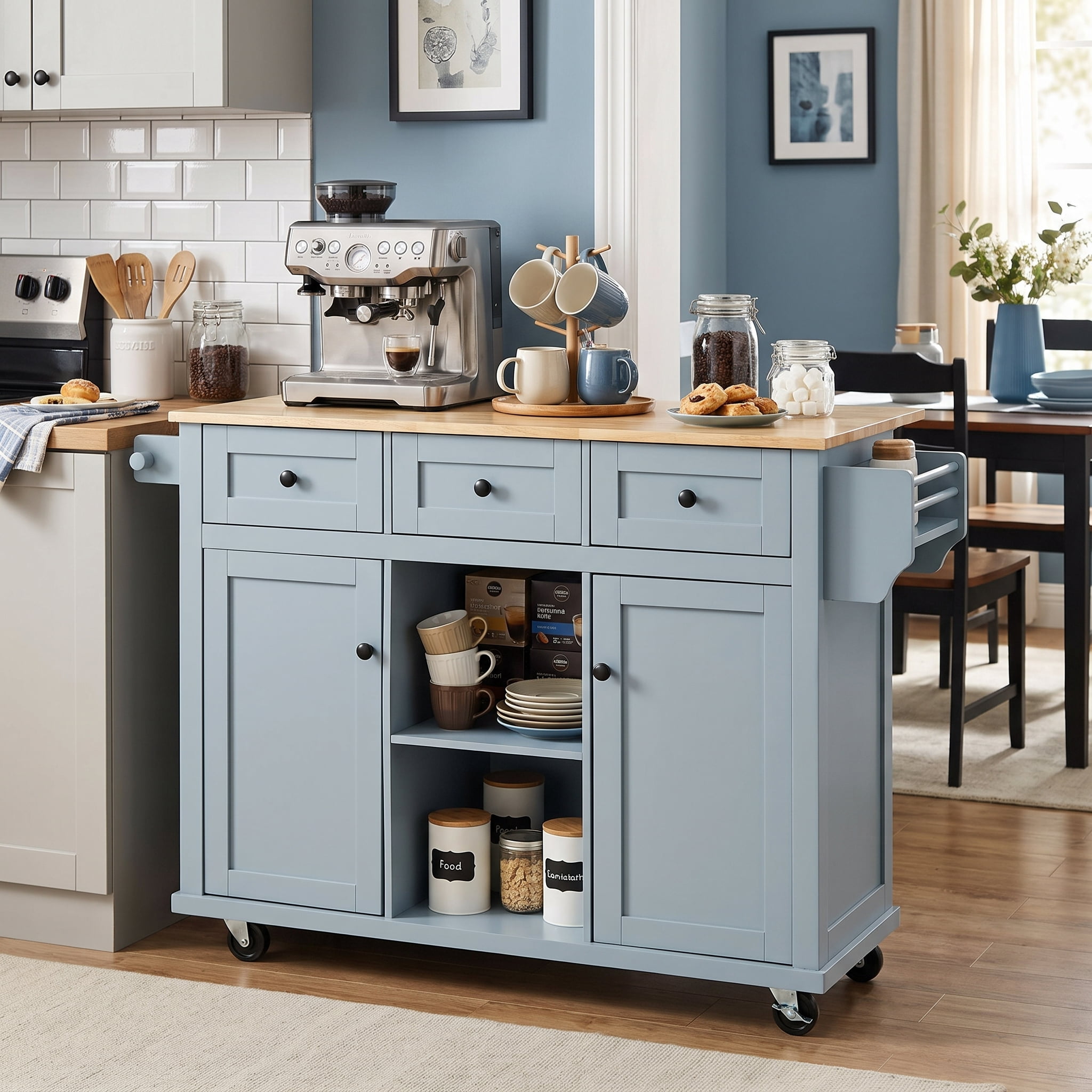 Îlot de cuisine Homy Casa, plateau pliable, 3 tiroirs, rangement, bleu
