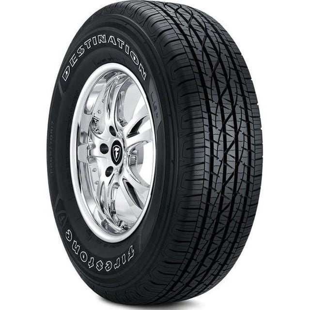 Firestone Destination LE 2 225/60R17 99T BSW all-season tire for SUVs mounted on a polished chrome wheel, featuring a zigzag tread pattern with 3D sipes for enhanced traction on wet and snowy roads, ideal for light trucks and crossovers.