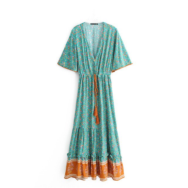 U.Vomade Robe Maxi Bohème de Plage en Rayonne à Imprimé Vintage pour Femme, Col en V, à Franges, Robe Bohème d'Été