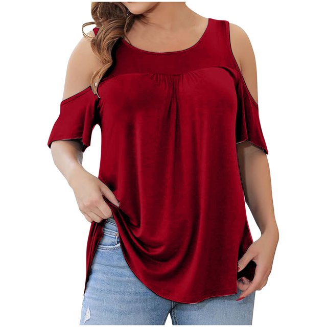 FAIWAD T-Shirts à Épaules Dénudées d'Été pour Femmes, Manches Courtes, Col Ras du Cou, T-Shirts Unis, Tunique Basique Décontractée