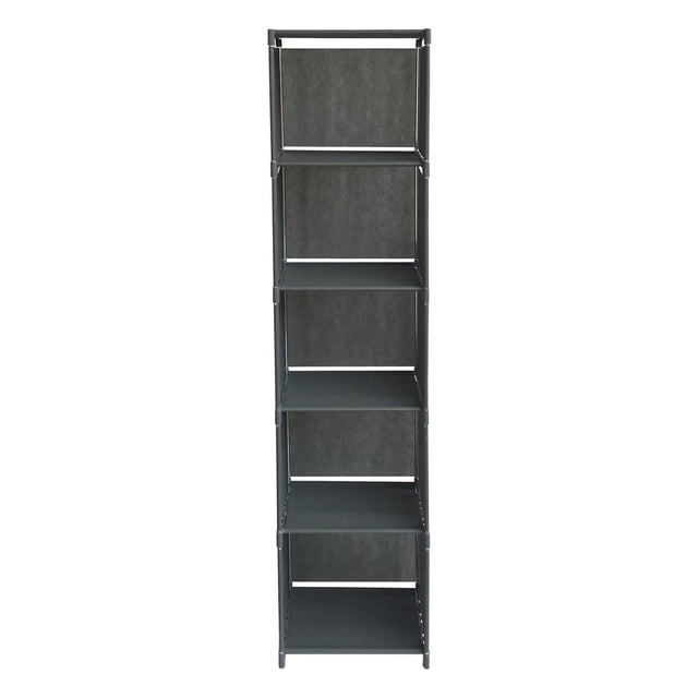 Amdohai 5 Tiers Cube Bookcase Book Shelf Multifunctional Storage Rack for Books in grey. This vertical storage unit features five spacious tiers made of non-woven fabric and supported by high-strength aluminum tubes for stability. Ideal for organizing books, shoes, clothes, toys, decorations, or plants, it is suitable for use in bedrooms, offices, kitchens, or study rooms. The compact design saves space, measuring 155 cm tall, 41 cm wide, and 29 cm deep.