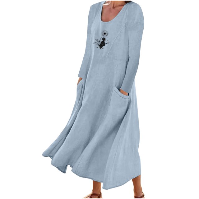 Pisexur Robe d'Automne pour Femme 2023 Robe en Coton et Lin à Manches Longues, Ligne A et Évasée, Maxi Longue