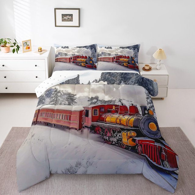 Erosebridal Red Retro Train Comforter Sets Full Size, White Snow Comforters & Duvets, Reversible 3pcs