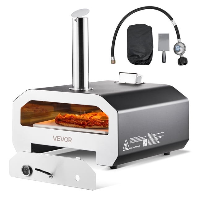 VEVOR Dual Fuel Pizza Oven Outdoor, a 16-inch portable pizza maker with a black iron spray shell, shown with a built-in thermometer and a pizza stone inside. The oven supports wood fire and propane gas, reaching up to 1000°F for versatile cooking. Accessories like a gas hose, carry bag, and pellet scoop are included, making it ideal for camping, backyard use, and outdoor cooking.