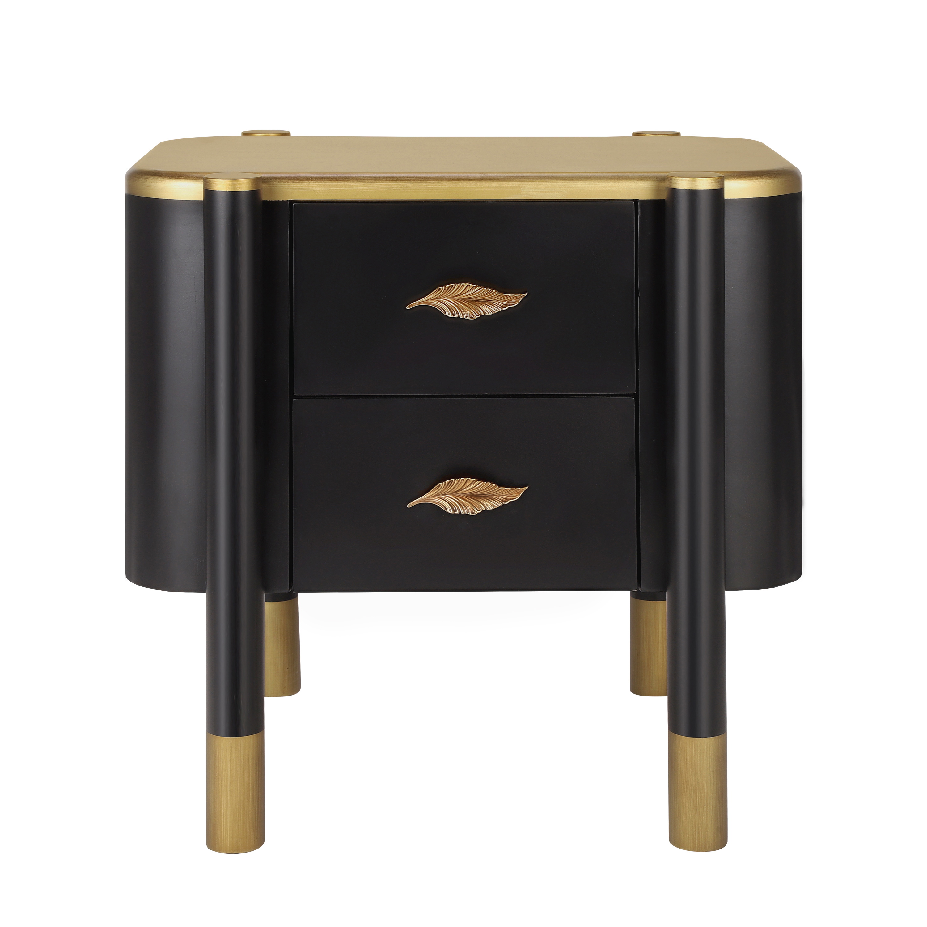 Noble House Contemporary Nightstand with 2 Drawers,Curved Profile Design & Feather-Shaped Metal Handles,for Bedroom,Black