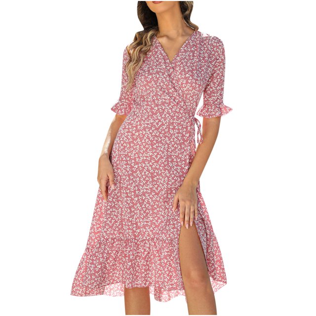 Chaussures Habillées pour Femmes Mode Décontractée Col en V Chiffon Floral Boho Plage Manches Courtes Robe Manches Courtes Robe Boho Plage Robe Courte Boho Sandales Mode pour Femmes