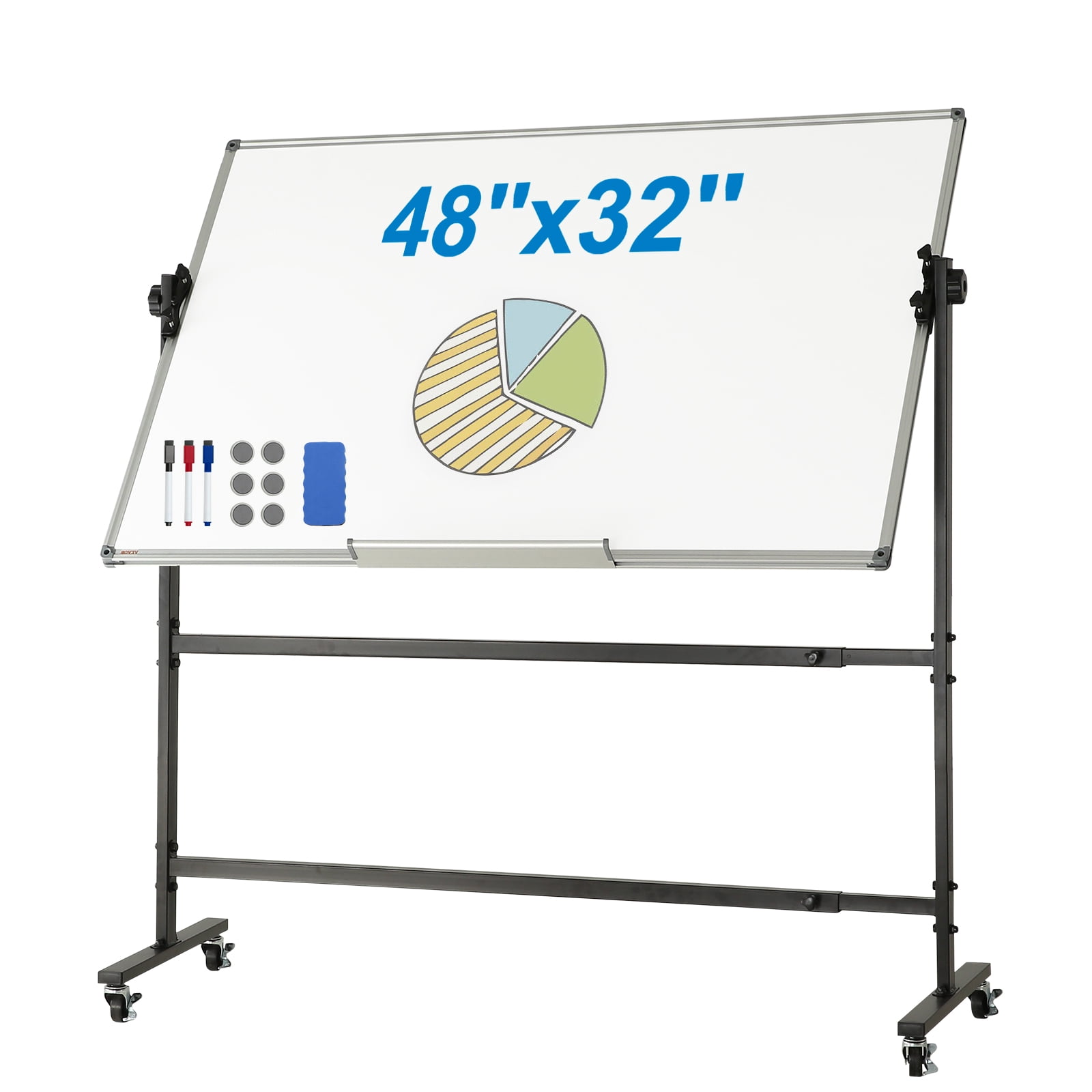 VEVOR Rolling Whiteboard, 48 x 32-inch Double-Sided Magnetic Mobile Whiteboard, 360° Reversible Height Adjustable Dry Erase Board with Wheels and Mobile Tray