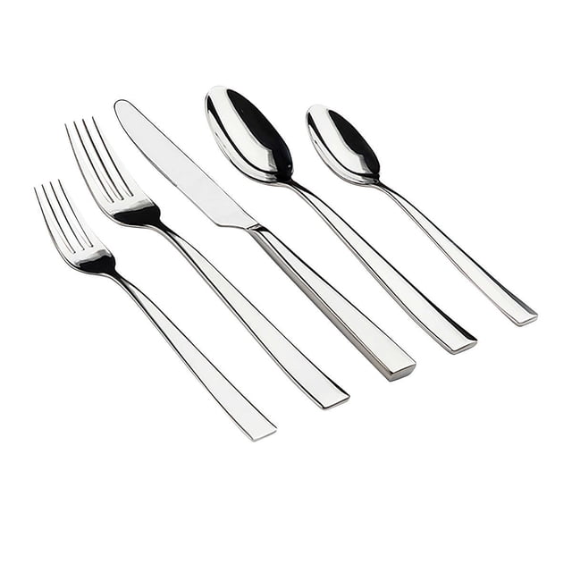 Gourmet Settings Resto Flatware Set, 60-piece centered front view of polished 18/10 stainless steel flatware with smooth curved handles; includes 12 salad forks, 12 dinner forks, 12 dinner knives, 12 dinner spoons and 12 teaspoons, often used for formal place settings or buffet service.