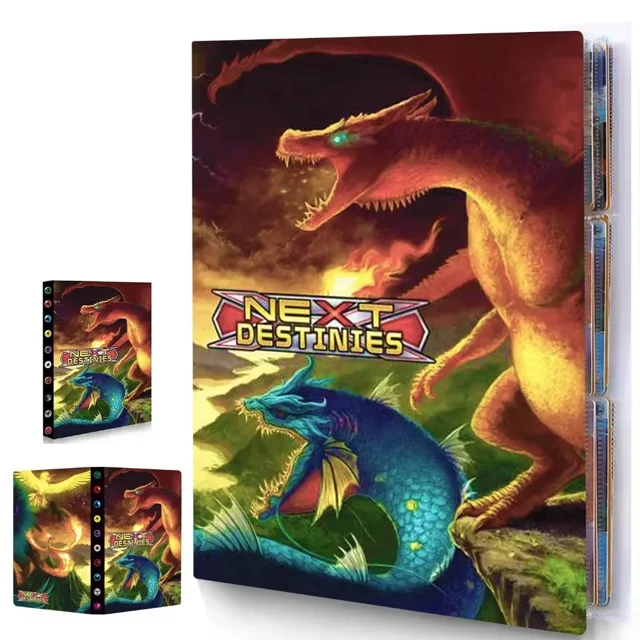 Collector Album, Card Binder for Trading Cards featuring a vibrant dragon-themed design with the text 'Next Destinies' on the cover. The binder has 24 pages with 9 pockets per page, holding up to 432 cards. Made from durable polypropylene material, it offers multi-layer protection for trading cards, including baseball, football, MTG, and Yu-Gi-Oh cards. Compact and easy to carry, suitable for trading cards, small photos, and collectibles.