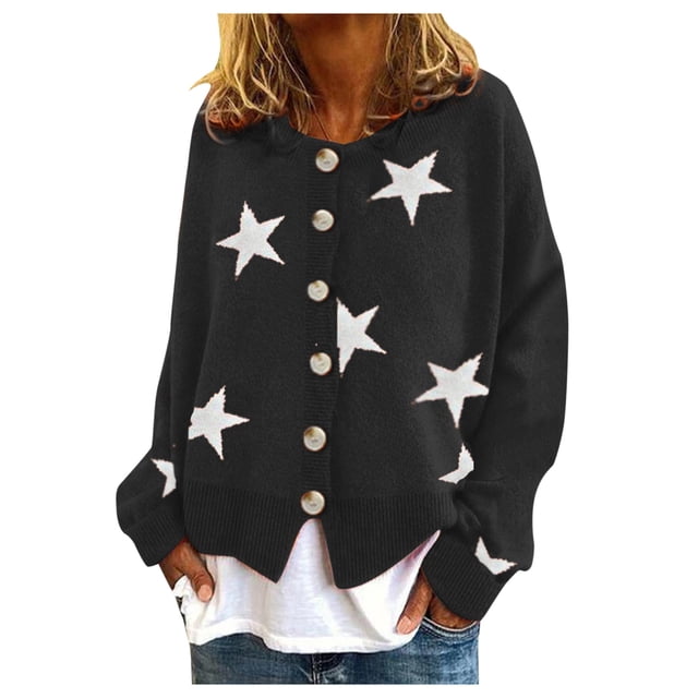 Women's Star Print Cropped Cardigan Long Sleeve Button Front Knit Sweater Top Fashion Comfortable Warm