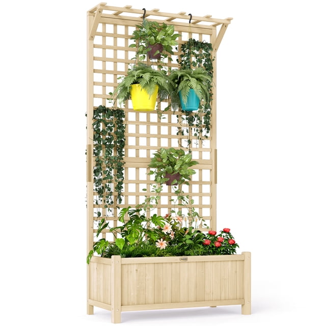 Outsunny Wood Planter with Trellis Privacy Screen in natural wood finish. The planter features a raised rectangular box with a lattice trellis above, ideal for growing climbing plants like ivy or morning glory. The trellis includes hooks for hanging flower pots, and the planter box has water drainage holes for proper soil moisture. Made of fir wood with waterproof coating, it measures 35.4 inches wide, 17.7 inches deep, and 72 inches tall. Suitable for outdoor use in gardens or patios.