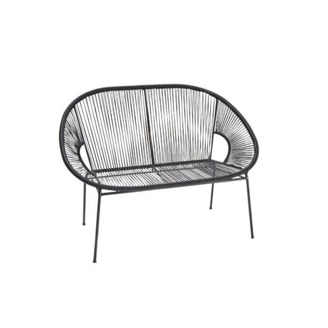 Acapulco Bench with black metal frame and grey vinyl woven seat and backrest, featuring a rounded oval silhouette and slender legs, designed as an outdoor patio bench ideal for garden seating and casual outdoor use.