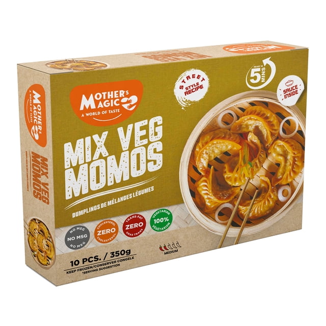 Momos aux légumes Mothers Magic 350 g Momos aux légumes – sachet 350 g, surgelés, 20 sachets par caisse, prêt à cuire à la vapeur, garniture de légumes frais dans une pâte moelleuse.