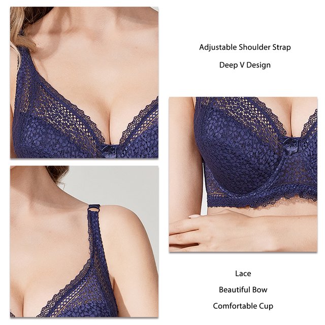 Lace , Push Up Adjustable Shoulder Straps Gathered Full Coverage Deep V For Everyday Wear Purple,Black,Skin Color,Blue