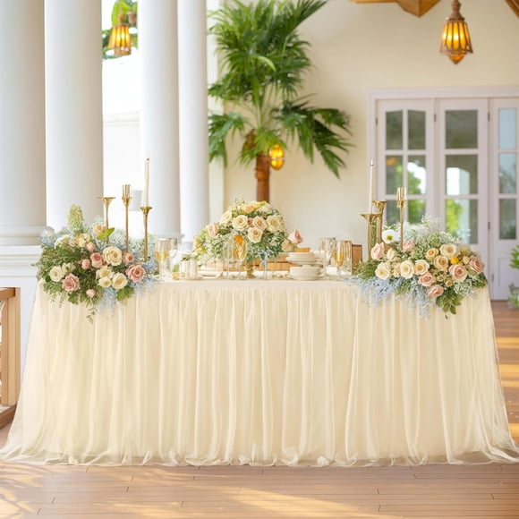 sdhkgrrt Jupe de Table de Mariage à Moins de 5 $, Jupe de Table en Tulle Blanche, Nappe Extra Longue Recyclable, Déco de Table en Tulle à Volants, Déco de Banquet d'Anniversaire de Mariage, Décoration de Table de Fête